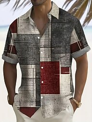 Men's Geometric Color Block Patchwork Shirt Button Up Shirt Short Sleeve Fashion Casual Vacation Holiday Streetwear Summer Turndown 3D Print Collared Shirts Front One Pocket Gray