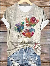 Women's T Shirt Floral Casual Short Sleeve Round Neck Regular Tops Daily Print Yellow Summer