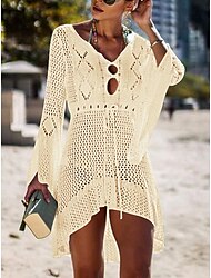 Women's Swimwear Cover Up Beach Dresses Swimsuit High Waist Slim Vacation Beach Wear Solid Color V Neck Long Sleeve