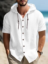 Men's Shirt Linen Shirt Casual Shirt Button Up Shirt Plain Vacation Street Black White Blue Khaki Short Sleeve Hooded Summer Clothing Apparel Adjustable Drawstring Hood