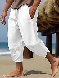 Herren Caprihose Leinenhosen Kordelzug Tasche Elastischer Bund Einfach Komfort Atmungsaktiv Wadenlang Täglich Strand Urlaub Hawaiianisch Boho Armeegrün Schwarz