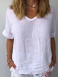 Per donna Camicia Camicia di lino Camicie di cotone e lino Semplice Quotidiano Elegante Essenziale Manica Corta Scollo a V Top Regolari Lavoro Quotidiano Ferie Bianco Blu Grigio Estate