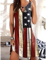 Independence Day Women's Patriotic Fourth of July Mini Dress Casual Dress Tank Dress Vacation Casual Vacation Daily Regular Fit Flag Sleeveless Crew Neck Red Summer