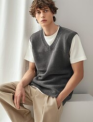 Herr Tröja väst Sticka Ensfärgat V-hals Stickat Elegant Utomhus Hem Kläder Vår Höst Vinrött Svart S M L