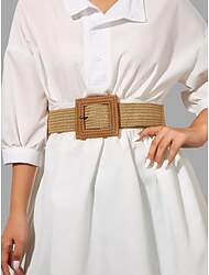 Cinturón de paja tejida para mujer con hebilla cuadrada de gran tamaño: estilo boho chic, ajuste ajustable para ropa casual o de playa, perfecto para atuendos de primavera y verano