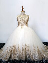 Flower Girl Dress Kid's Girls' Formal Gown Evening Dress Performance Wedding Party Elegant Beautiful Sequins Mesh Floral Sleeveless Standing Collar Wine Red Black 4 years+
