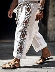 Men's Linen Pants Trousers Summer Pants Beach Pants Patchwork Elastic Waist Straight Leg Geometric Comfort Breathable Full Length Casual Daily Holiday Vacation Fashion White native american style