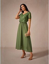 Women's Maxi Dress Lace Dress Wedding Guest Dress Semi Formal Dress A Line Dress Elegant Wedding Guest Cocktail Party Regular Fit Solid Color Short Sleeve V Neck Olive Summer Spring