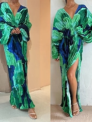 Women's Long Dress Maxi Dress Cocktail Dress Ruched Dress Fashion Party Tea Party Going out Regular Fit Flower Long Sleeve V Neck Green Summer