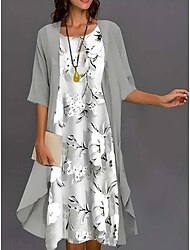 Rochie de absolvire pentru femei Rochie midi Rochie din chiffon Rochie tip shift Elegantă Vacanță Petrecere Nuntă Invitat la nuntă Zi de zi Relaxată Florală Mâneci trei sferturi Guler rotund Roz