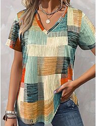 Dames Blouse Grafisch Geometrisch Casual Korte mouw V-hals Normale tops Dagelijks Afdrukken blauw Paars Oranje Groen Zomer Lente