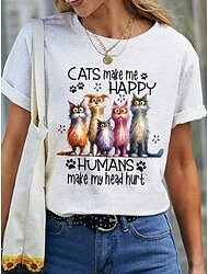 Pentru femei Tricou Grafic Scrisă Stilat Casual Manșon scurt Rotund Topuri obișnuite Zilnic Sfârșit de săptămână Imprimeu Negru Alb Albastru piscină Mov Vară Primăvară Cat Funny Slang