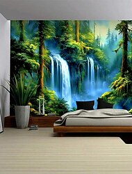 Landschap Bos Waterval Hangtapijt Wanddecoratie Groot Tapijt Muurschilderij Decor Fotografie Achtergrond Dekentje Gordijn Huis Slaapkamer Woonkamer Versiering