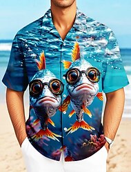 Voor heren Vissen Grappig Zeewezens Overhemd Cubaans overhemd Hawaiiaans overhemd Korte mouw Hawaii Toevlucht Vakantie Feestdagen Strand Kleding Zomer Lente Overhemd met kampkraag 3D-afdrukken blauw