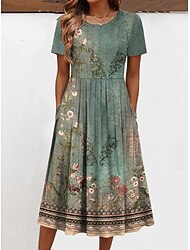 Mujer Vestido Midi Vestido estilo camiseta Vacaciones Casual Diario Ajuste regular Floral Graphic Manga Corta Cuello Barco Verde Claro Rosa Verde Trébol Beige Verano