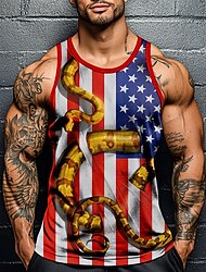 Patriotic Boa Constrictor VINCENT HIE Men's American US Flag Vest Top Undershirt Sleeveless T shirt 3D Print Crew Neck Scoop Neck Shirt Fashion Exaggerated Street Casual Daily Red Summer Spring