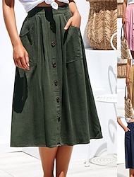 Women's Skirt Casual Midi Mid Rise Skirts Plain Pocket Micro-elastic Vacation Street Yellow Pink Army Green Summer Cotton