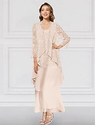 Tweedelig A-lijn Jurk pak Tot de enkel Bruiloft gast jurk Moeder van de bruid jurk Lange mouw Strakke ronde hals Elegant Formeel Bruiloft gast Kerk (83 Chiffon Jas Jurken met Kant Geplooid Lagen