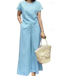 Women's Fashion Streetwear Cotton Linen Sets Two Piece Sets Pants Sets Short Sleeve Crew Neck Plain Daily Wear Date Yellow Blue Brown Summer Regular Fit