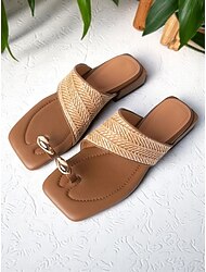 brązowe sandały damskie z kwadratowym noskiem – tkany pasek, minimalistyczny styl, niski obcas typu klocek, idealne na co dzień, latem i na co dzień