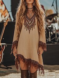 Dames Halflange jurk Boho-jurk Jurk met print Westerse kleding Modieus Modern Buiten Feestdagen Normale pasvorm Bloem Lange mouw V-hals Khaki Zomer