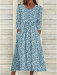 Rochie Midi pentru Femei Rochie A Line Rochie T Shirt Rochie Tee Rochie de Vară Bohemia Vacanță Vintage Ajustare Regulată Grafic Floral Floral Mic Mâneci Scurte Decolteu Crew Albastru Închis Albastru