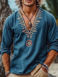 Men's Shirt Linen Shirt Viking Style Summer Shirt Beach Wear Pirate Shirt Solid Color Vacation Street Navy Blue Long Sleeve V Neck Summer Spring Clothing Apparel Medieval Knight