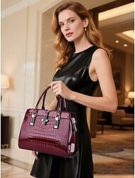 Women's Burgundy Patent Faux Leather Handbag - Croc Embossed Structured Tote Bag with Top Handle and Shoulder Strap, Perfect for Mother's Day Gift, Office, Business and Formal Occasions
