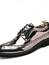Men's Silver Metallic Oxford Brogue Shoes - Shiny Lace-Up Dress Shoes with Rugged Sole for Formal Events and Parties