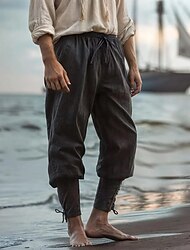 Men's Linen Pants Trousers Summer Pants Beach Pants Pocket Elastic Waist Leg Drawstring Plain Comfort Breathable Full Length Outdoor Daily Holiday Vacation Viking Black Navy Blue