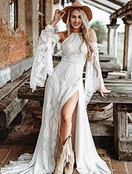Casual Wedding Dresses A-Line Halter Neck Detachable Sleeve Sweep / Brush Train Boho Lace Bridal Gown