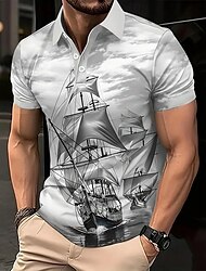 Men's Ship Polo Short Sleeve Polo Shirts Collared Shirts Vintage Outdoor Athleisure Daily Wear 3D Print Summer Gray