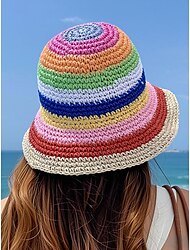 Gehäkelter Fischerhut für Damen in Regenbogenfarben – farbenfroher Sommersonnenhut mit breiter Krempe für Strandurlaube und Freizeitausflüge