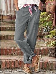 Vrouwen Katoen Linnen Baggy Broek Effen Kleur Chino's Basis Casual Volledige Lengte Hoge Taille Middelmatige Taille Effen Zak Comfort Buiten Micro-elastisch Vakantie Straat Dagelijks Legergroen Grijs