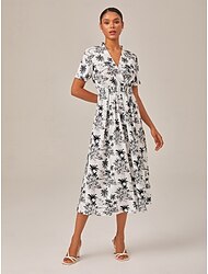 Damen Weiblich Freizeitkleid Midikleid Schwarz-Weiß Kurze Ärmel Blumenmuster Palme Palmblatt Drucken Sommer V Ausschnitt Urlaub Lässig Freizeit XS S M