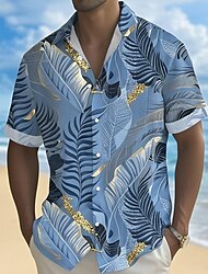 Herr Kokosnötspalm Tropiska växter Skjorta Hawaii skjorta Knapp upp skjorta Kortärmad Hawaiisk Semester Helgdag Standkläder Sommar Vår Nedvikt 3D-utskrift krage skjortor Främre en ficka Blå Purpur