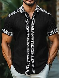 Men's Linen Shirt Summer Shirt Beach Wear Button Up Shirt Ethnic Shirt Vacation Street Black Navy Blue Gray Short Sleeve Turndown Summer Spring Clothing Apparel