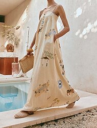 Dames Lange jurk maxi-jurk Jurken van katoen en linnen Casual jurk Modieus Buiten Feest Feestdagen Normale pasvorm Geschilderd Mouwloos Spaghettibandjes Beige Zomer