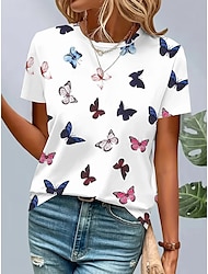 Pentru femei Tricou Grafic Animal Fluture Epocă Stilat Clasic Manșon scurt Stil Nautic Rotund Topuri obișnuite Zilnic Sfârșit de săptămână Imprimeu Alb Vară Primăvară