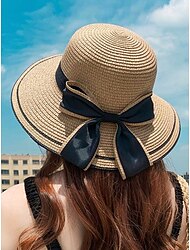 Dames strik strohoed - opvouwbaar voor gemakkelijk dragen, stijlvolle zonnehoed met zwarte lintdetails, perfect voor het strand, vakantie en zomerse buitenactiviteiten