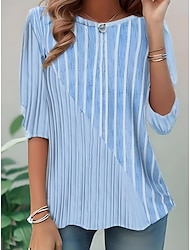 Women's T Shirt Graphic Geometric Striped Elegant Vintage Fashion Long Sleeve Crew Neck Round Neck Regular Tops Daily Going out Weekend Print Pink Blue Summer Spring