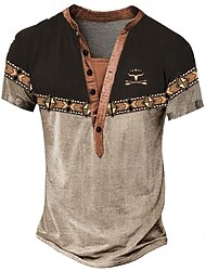 Herren Stammes Ethnisch T Shirt Henley Hemd T-Shirt Kurzarm Designer Basic Klassisch Outdoor Lässig Täglich Sommer Dunkel Braun Marineblau Henley-Kragen Henley Henley T-Shirt