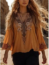 Damen Bluse Blumen Grafik Bohemien Vintage Täglich Dreiviertelarm Rundhalsausschnitt U-Boot-Ausschnitt Normale Oberteile Täglich Ferien Urlaubskleidung Druck Gelb Sommer Frühling