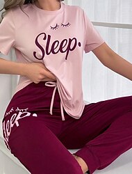 Naisten Yöpuvut loungewear Yöpukusarja Yksinkertainen Vapaa-aika Mukavuus Painettu Kirjain Solmio solmu Pullover Housut Koti Päivittäin Lyhythihainen Tiukka pyöreä kaula-aukko Musta Punastuvan