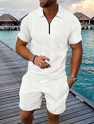 Men's Quarter Zip Polo Golf Shirt Daily Holiday Lapel Short Sleeve Fashion Basic Plain 2 Piece Jacquard Summer Regular Fit Black White Blue Khaki Army Green Gray Quarter Zip Polo