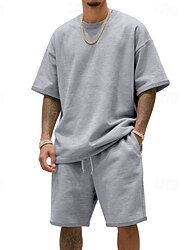 Herr T-shirtkostymer 2 delar outfits T-shirt och shorts Kortärmad Rund hals Sommar Slät Mode Ledigt 2 st Semester Dagliga kläder Utekväll Svart Vit Marinblå Topp t-shirt för män