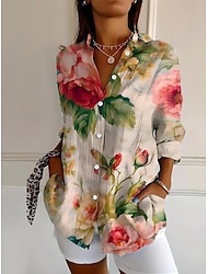 Mujer Camisa Ombre Floral Graphic Vintage Tropical Elegante Manga Larga Cuello Camisero Tops regulares Trabajo Diario Botones Estampado Blanco Rosa Rojo Verde Trébol Beige Verano Primavera Otoño