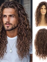 Peluca sintética larga y rizada para hombre, color marrón, estilo rockero de los años 70 y 80, ideal para cosplay, fiestas de Halloween.