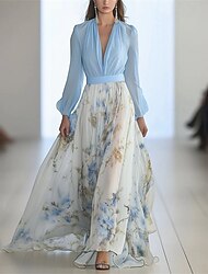 Damskie Długa sukienka sukienka maxi Codzienne sukienki Sukienka w kwiatki Elegancja Moda Romantyczna Na zewnątrz Święto Randka Regularny Kwiat Długi rękaw W serek Biały Niebieski Lato Wiosna