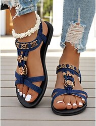 Sandali bassi da donna blu navy con perline e motivi floreali boho, comodi sandali estivi con cinturino a T di ispirazione vintage per uscite casual, vacanze al mare e uso quotidiano